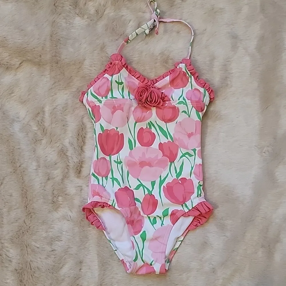 JANIE AND JACK PINK TULIP PATTERN SWIMSUIT, SIZE 2T